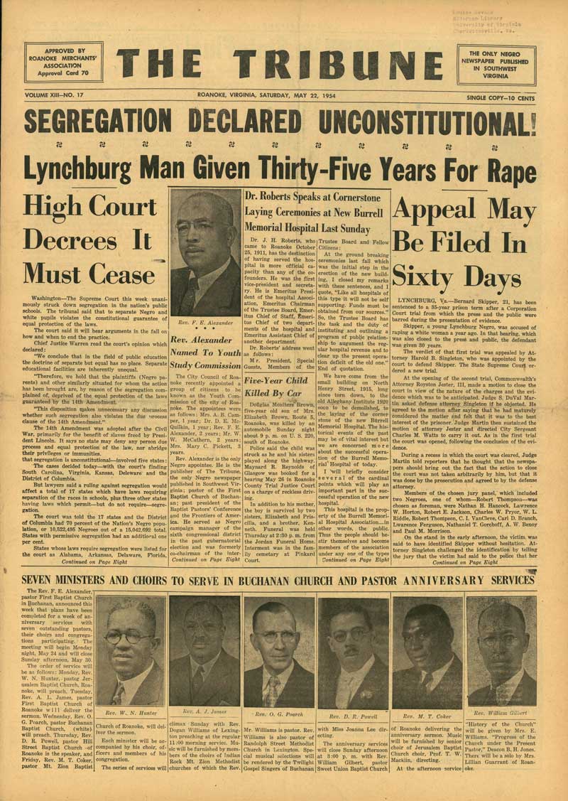 Headline from Roanoke Tribune, May 22, 1954, Library of Virginia