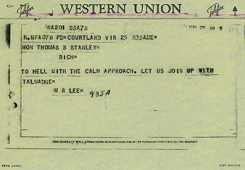 Telegram from M. R. Lee, Courtland, to Governor Thomas B. Stanley, Richmond. May 25, 1954.