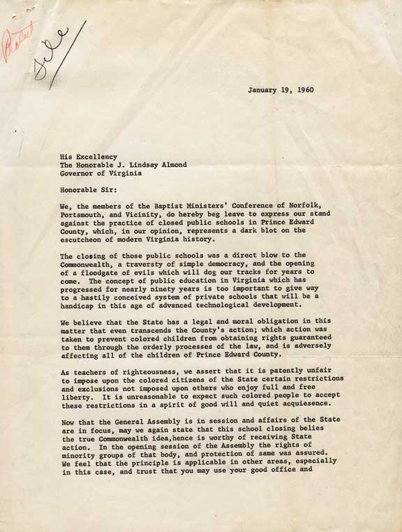 "The closing of those public schools was a direct blow to the Commonwealth …" Letter from Baptist Ministers’ Conference of Norfolk, Portsmouth, and Vicinity, to Governor James Lindsay Almond, Richmond. January 19, 1960.
