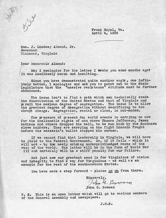 Segregation, racial or class, is out-moded. Letter from John G. Bowman, Front Royal, to Governor James Lindsay Almond, Richmond.  April 4, 1959.