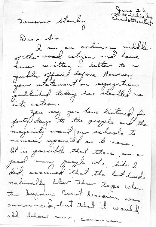 Letter from Eliza E. Fitch, Charlottesville, to Governor Thomas B. Stanley, Richmond. June 26, 1955.