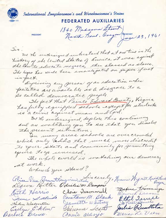 "Depriving any person of an education when facilities are available is a disgrace to a so-called democratic people." Letter from International Longshoremen’s and Warehousemen’s Union Federated Auxiliaries, Oregon, to Governor James Lindsay Almond, Richmond.  June 23, 1961.
