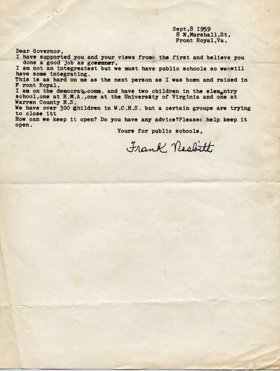 " … We must have public schools …" Letter from Frank Nesbitt, Front Royal, to Governor James Lindsay Almond. September 8, 1958.
