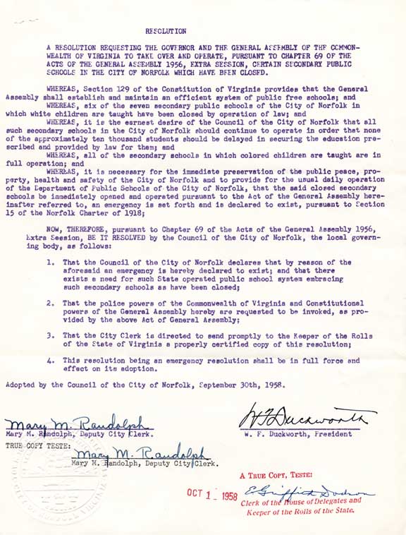 Petition from Norfolk City Council to reopen schools. September 30,  195-.