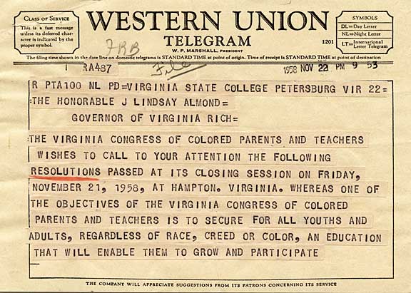 " … to secure for all youths and adults … an education." Telegram from Virginia Congress of Colored Parents and Teachers, Petersburg, to Governor James Lindsay Almond, Richmond. November 22, 1958.