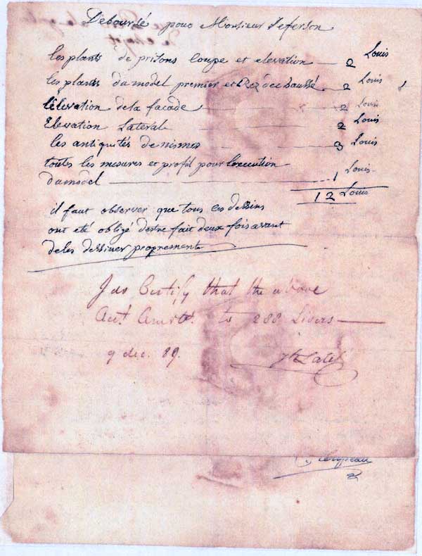 Invoice, Clérisseau to Thomas Jefferson
