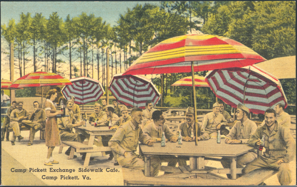 "Camp Pickett Exchange Sidewalk Cafe, Camp Pickett, Va." Color linen card published by Tichnor Bros. of Boston, ca. 1943. [College Archives at Blackstone, Blackstone College (1892-1950)]