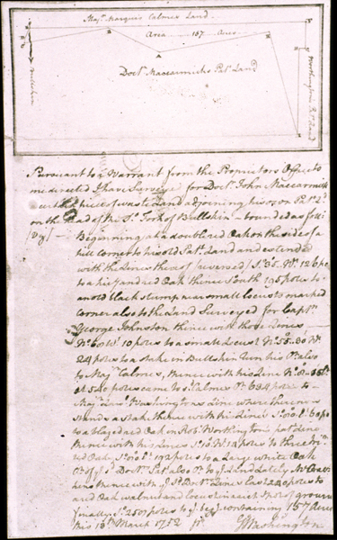 Survey: Plat and description done by George Washington for Dr. John MacCarmick concerning land in Frederick County, VA dated 13 March 1759
