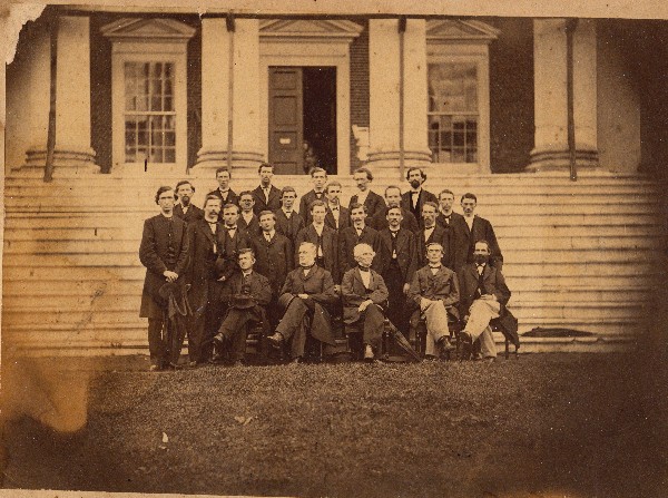 The Medical School Class of 1867 poses in front of the Rotunda with the medical faculty (Department of Historical Collections and Services, Claude Moore Health Sciences Library, University of Virginia)