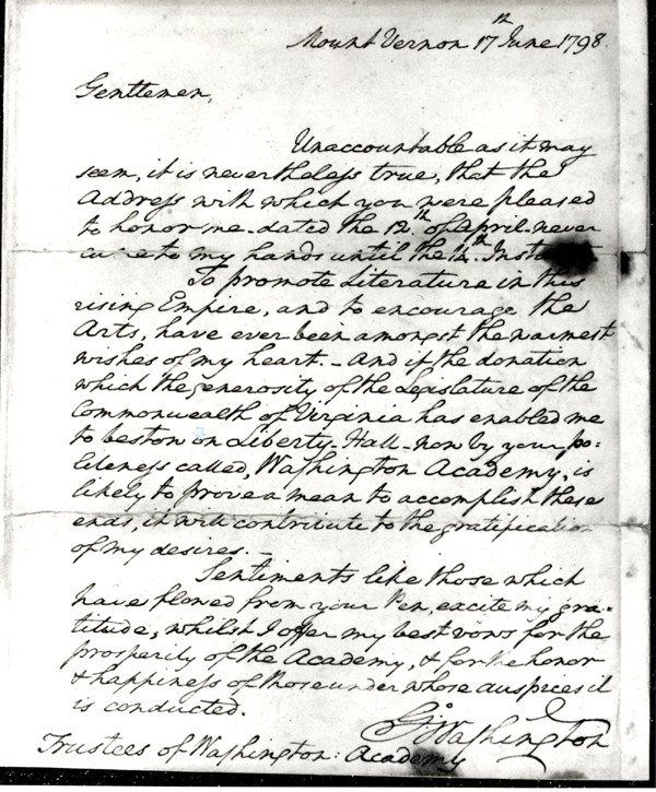 George Washington's letter of June 17, 1798 to the Liberty Hall Academy Trustees thanking them for renaming the school Washington Academy in his honor(George Washington Papers, Special Collections, Leyburn Library, Washington and Lee University)