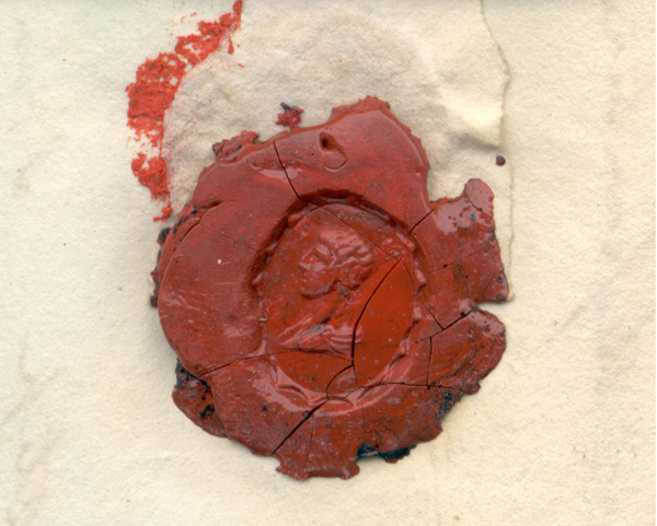 Wax seal impression on a letter from Myer Myers to his father, Norfolk merchant Moses Myers