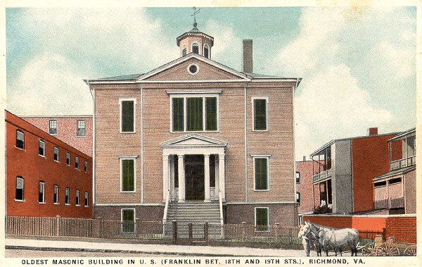 Postcard image of Masonic Building, East Franklin and 19th Streets, Richmond, Virginia, ca. 1920s