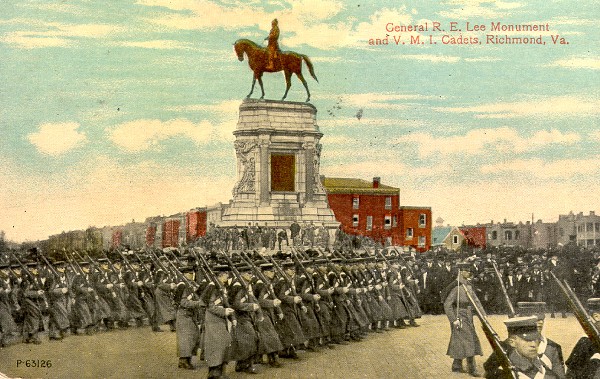 Postcard image of VMI Cadets marching down Monument Avenue, Richmond, Virginia, post marked 1916