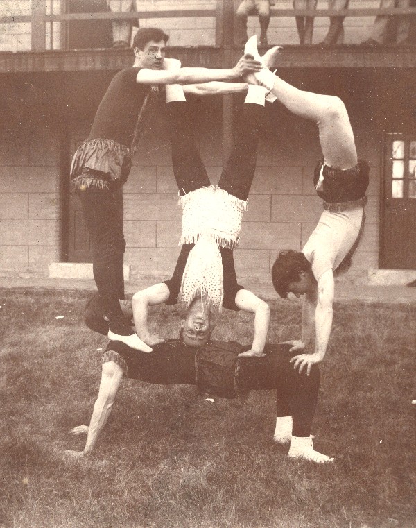 VMI gymnastics team performing a stunt, circa 1898