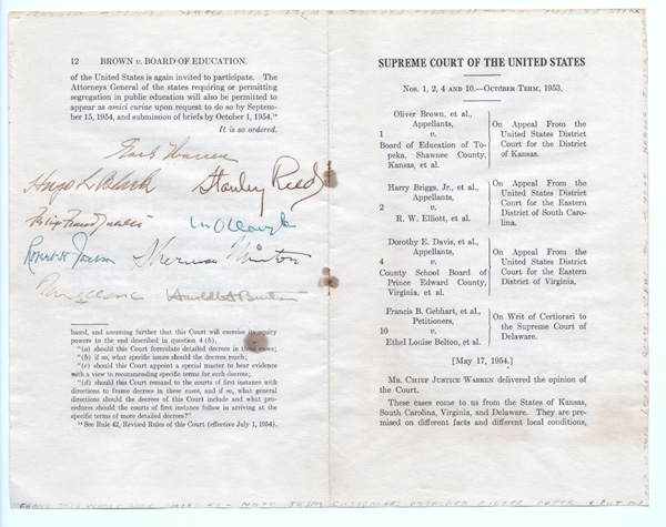 Original, signed copy of the Supreme Court case, Brown v. Board of Education of Topeka