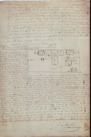Property description and plot plan: manuscript document in hand of James Semple describing what is presently known as the William Finnie property at 506 E. Francis St. in Williamsburg. Date:  July 29, 1809.  Photo taken in 2001 by Thomas Green.  Citation: Special Collections, John D. Rockefeller, Jr. Library, The Colonial Williamsburg Foundation.