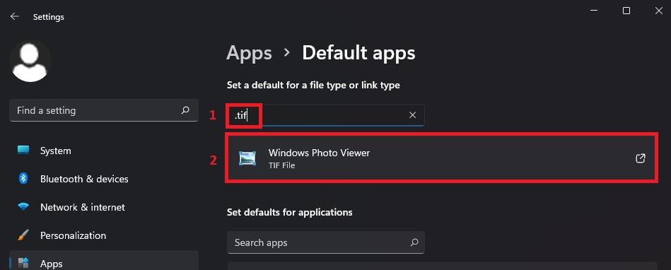 Type .tif in the 'Enter a file type or link type' box, and then click the 'Choose a default' box directly below that. It should say 'Windows Photo Viewer' by default. A list will show up with all of the applications that may be used to open .tif files