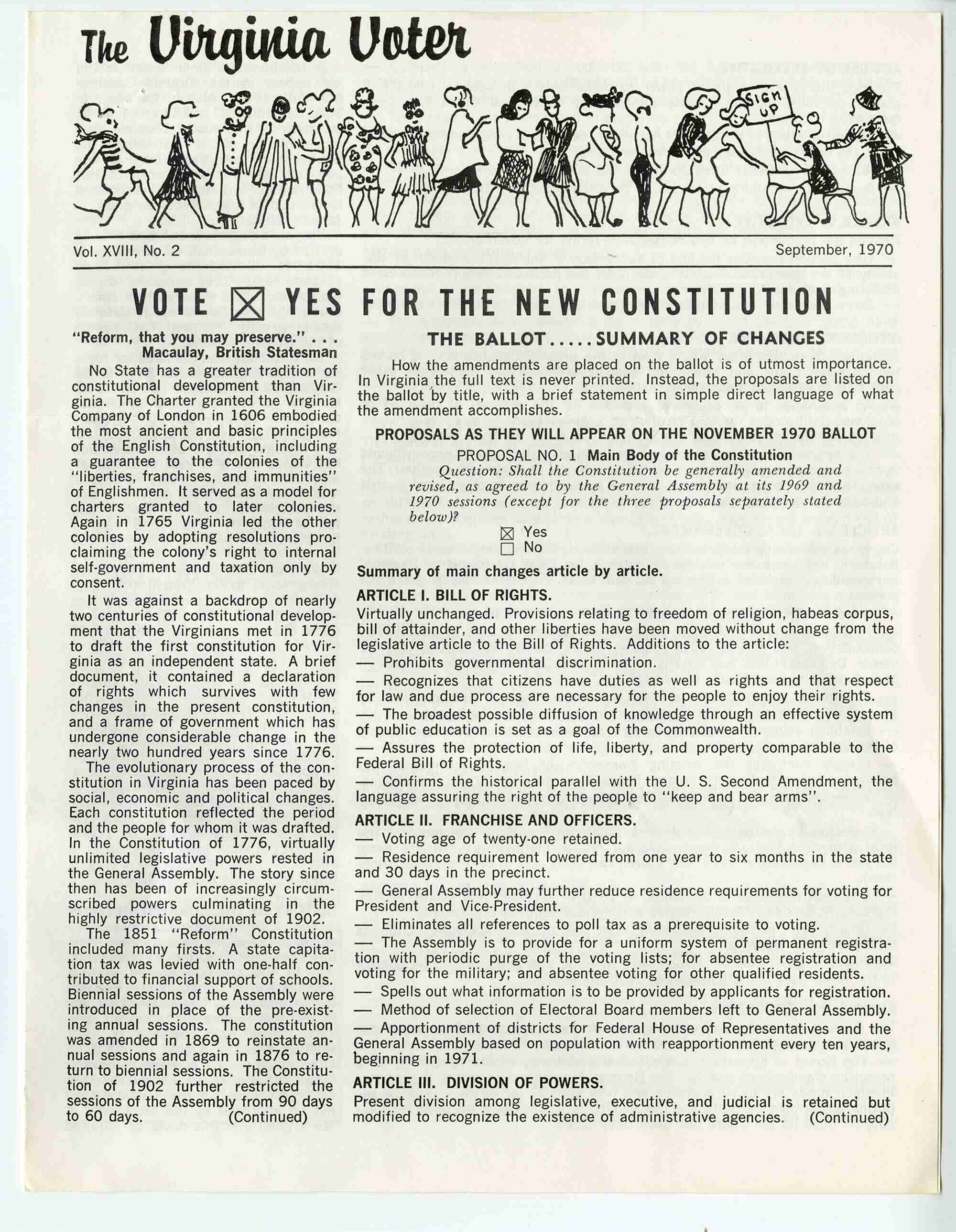 The Virginia Voter, Vol. XVIII, No. 2, September 1970. Published by The League of Women Voters of Virginia. From Virginia. Governor (1970–1974: Holton), Executive Papers, 1970–1974. Accessions 28050, Box 40, 'Before Inauguration' Folder. Library of Virginia.