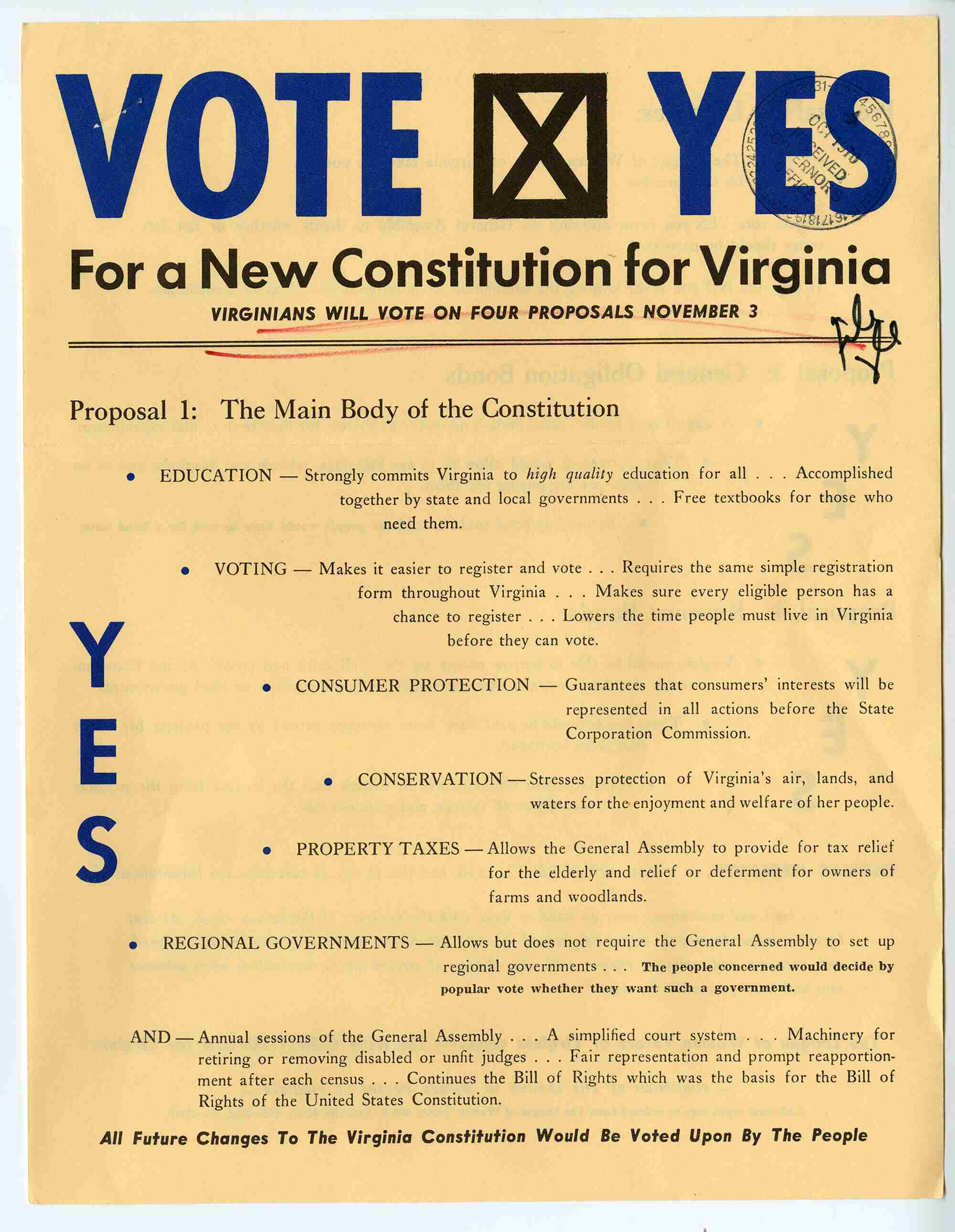 'VOTE YES For a New Constitution for Virginia: Virginians will Vote on Four Proposals November 3,' Published by The League of Women Voters of Virginia. From Virginia. Governor (1970–1974: Holton), Executive Papers, 1970–1974. Accessions 28050, Box 40, 'Before Inauguration' Folder. Library of Virginia.