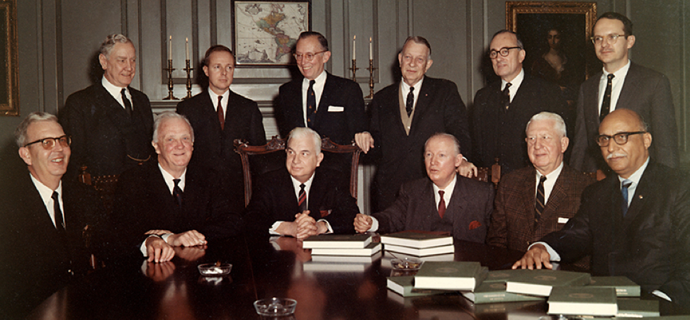 Members of the Commission on Constitutional Revision, 1968-1970: (seated) Alexander M. Harman Jr., Colgate W. Darden, Albertis S. Harrison, Davis Y. Paschall, Ted Dalton, Oliver W. Hill; and (standing) J. Sloan Kuykendall, Albert V. Bryan Jr., Lewis F. Powell Jr., Hardy C. Dillard, George M. Cochran and A. E. Dick Howard. UVA Law Special
                    Collections