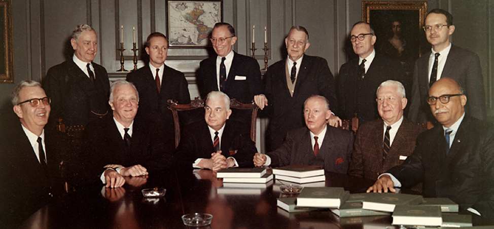 Members of the Commission on Constitutional Revision, 1968-1970: (seated) Alexander M. Harman Jr., Colgate W. Darden, Albertis S. Harrison, Davis Y. Paschall, Ted Dalton, Oliver W. Hill; and (standing) J. Sloan Kuykendall, Albert V. Bryan Jr., Lewis F. Powell Jr., Hardy C. Dillard, George M. Cochran and A. E. Dick Howard. UVA Law Special
                    Collections