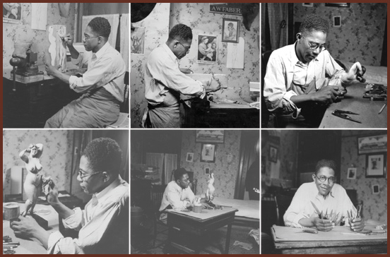Series of six images showing Bolling carving Queen-of-Dreams. Credit: Harmon Foundation, Collection H, 1922-1967. National Archives and Records Administration, Special Media Archives Service Division, College Park, Maryland.