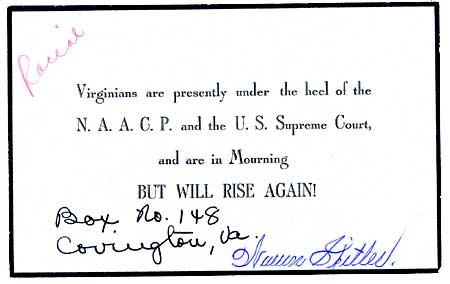 Mourning card from Warren Spitler to Governor James Lindsay Almond