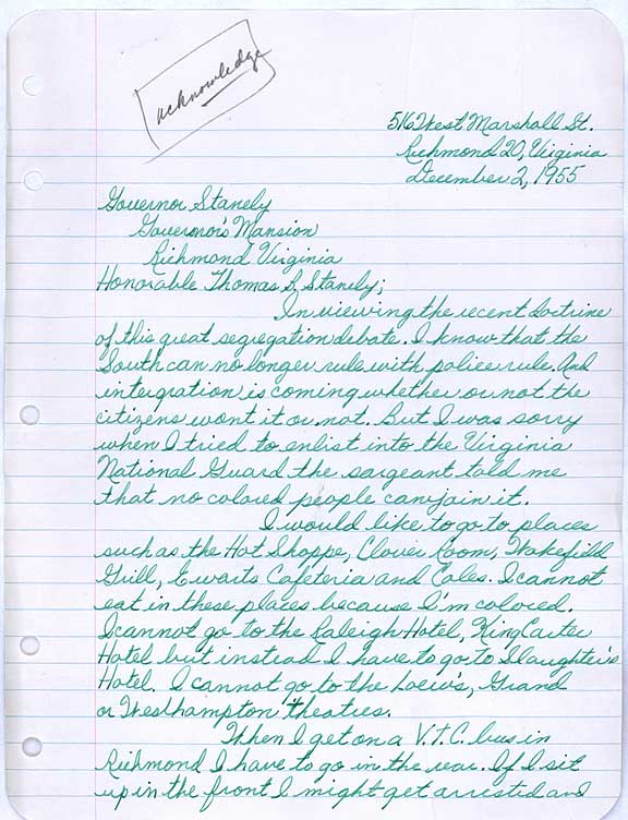 Letter from Robert Leon Bacon, Richmond, to Governor Thomas B. Stanley, Richmond. December 2, 1955.