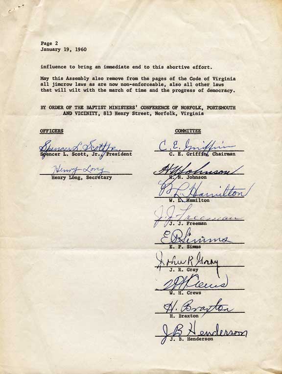 "The closing of those public schools was a direct blow to the Commonwealth …" Letter from Baptist Ministers’ Conference of Norfolk, Portsmouth, and Vicinity, to Governor James Lindsay Almond, Richmond. January 19, 1960.