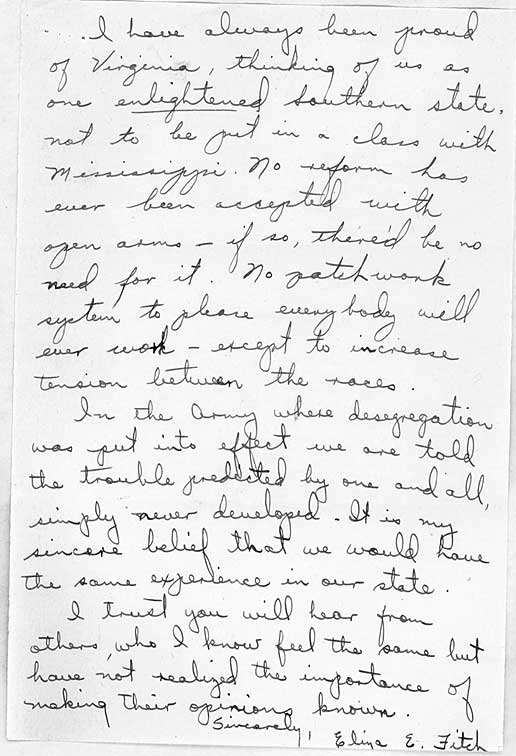 Letter from Eliza E. Fitch, Charlottesville, to Governor Thomas B. Stanley, Richmond. June 26, 1955.