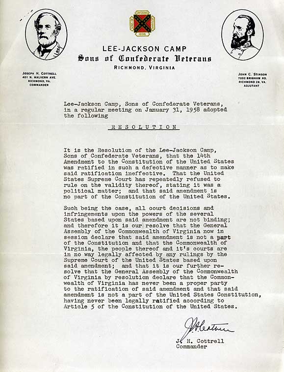 Resolution against the Fourteenth Amendment. Lee-Jackson Camp, Sons of Confederate Veterans, Richmond, to Governor James Lindsay Almond, Richmond. January 31, 1958.