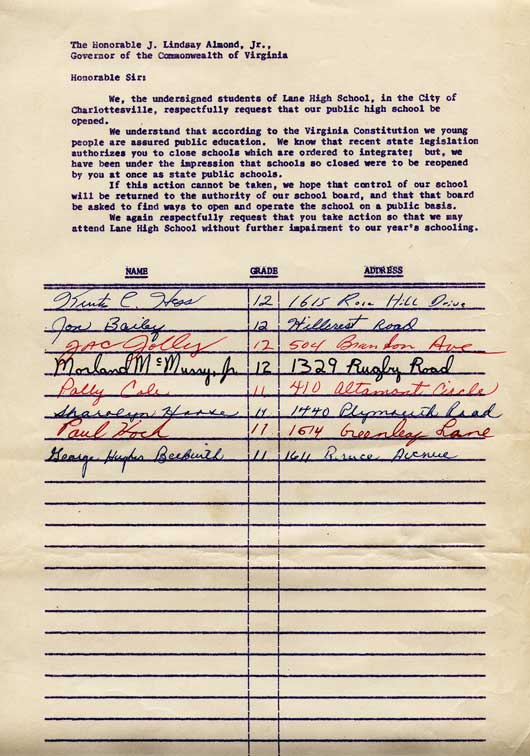 Petition from students at Lane High School, Charlottesville, to reopen. September 1958.