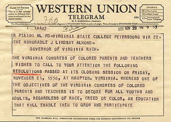 " … to secure for all youths and adults … an education." Telegram from Virginia Congress of Colored Parents and Teachers, Petersburg, to Governor James Lindsay Almond, Richmond. November 22, 1958.
