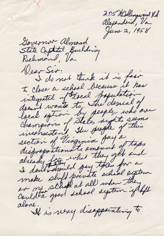 … the denial of local option." Letter from Joyce Walther, Alexandria, to Governor James Lindsay Almond, Richmond. June 2, 1958.