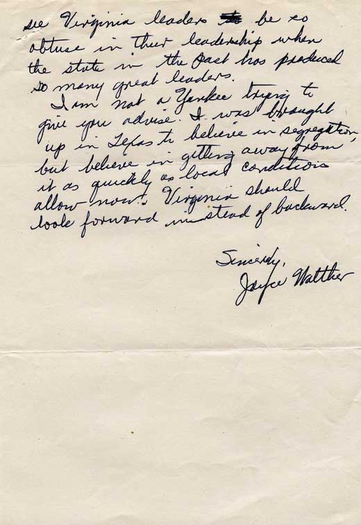 … the denial of local option." Letter from Joyce Walther, Alexandria, to Governor James Lindsay Almond, Richmond. June 2, 1958.