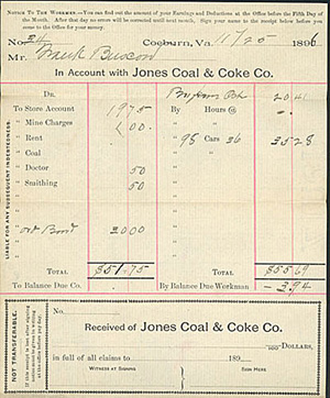 Frank Bascom in Account with Jones Coal & Coke Co., Coeburn, Wise County.