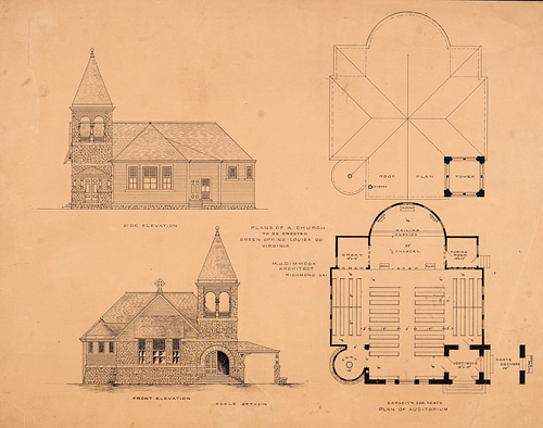 Plans of church to be erected, Green Spring, Louisa County. Marion Johnson Dimmock. N.d. Acc. 36655. Library of Virginia.