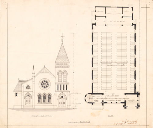 Plans and Elevations for Church, Virginia. Marion Johnson Dimmock, architect. 1885. Acc. 36573.  Library of Virginia