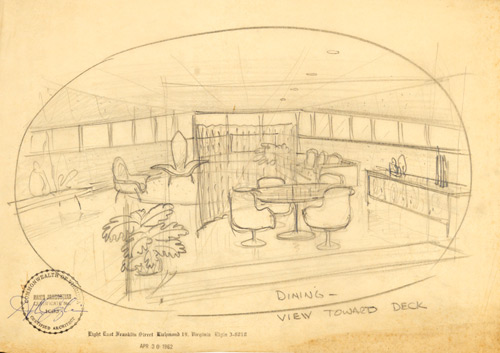 Suggested "Tree House" Dining Room Arrangement. Haigh Jamgochian, architect. 1962. Acc. 41492. Library of Virginia. Proposed Revolving Hotels, Virginia Beach. Haigh Jamgochian, architect. Ca. 1965