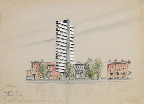 Perspective rendering of ‘Tree House’ on Franklin Street, Richmond. Haigh Jamgochian, architect. ca. 1962. Acc. 41492, Library of Virginia.
