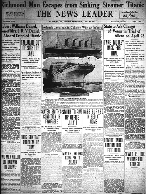<em>The News Leader</em>; Richmond VA. April 15, 1912