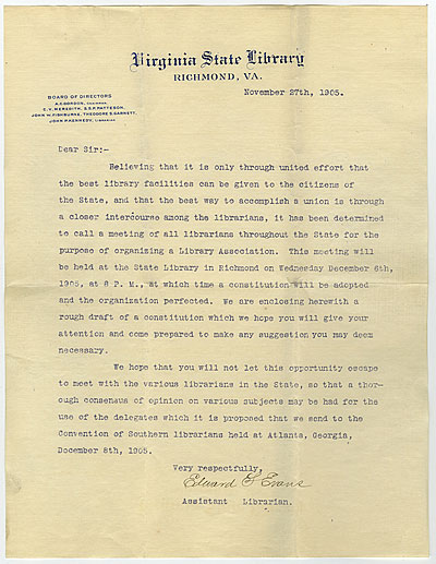 Letter, Edward S. Evans, Assistant Librarian, to Librarian, Hampden-Sidney College, November 27, 1905.