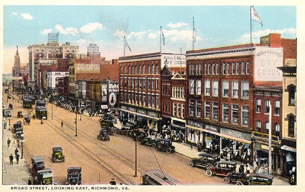 Postcard image of the 500 block of East Broad Street, Richmond, Virginia, ca. 1920s