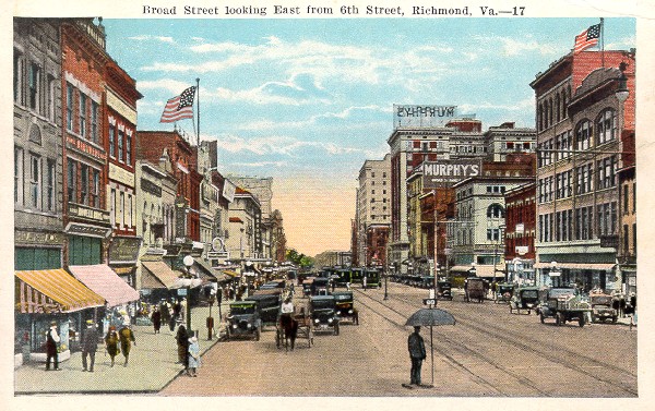 Postcard image of the 600 block of East Broad Street, Richmond, Virginia, postmarked 1927