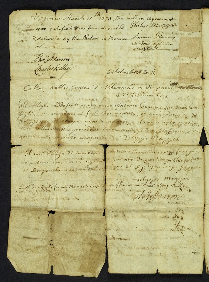 English translation of Bond, written in Italian, between Antonio Giannini and Philip Mazzei. Signed by Thomas Jefferson