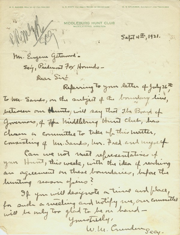 Letter from Middleburg Hunt to Piedmont Fox Hounds, 1921