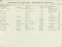 Cohabitation register for Lunenburg County, Virginia.
Date: 1866    
Citation: Lunenburg County (Va.) Register of Colored Persons cohabiting together as Husband and Wife, 27th February 1866. Local government records collection, Lunenburg County Court Records. The Library of Virginia, Richmond, VA 23219.