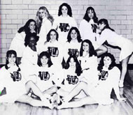 Yearbook photograph of Washington-Lee High School varsity cheerleading squad.  Actress Sandra Bullock in seated at lower left, in pigtails. Date:  1982.