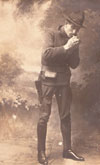 Steve Brody in WWI uniform, lighting a cigarette.  An immigrant from Kiev, Russia, Steve Brody became an U.S. Citizen in 1912.  He enlisted in the army in 1916 as a medic and served in France during WWI.  Brody, who firmly believed that citizens should support their government, gave over 100 flags to City of Roanoke, VA public buildings and donated thousands of dollars to civic organizations. Date: Unknown. Citation: Isidor (Steve) Brody (1889-1978) Manuscripts.