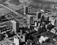 Aerial view of downtown Richmond. Date: March 29, 1984. Citation: <em>Richmond Times-Dispatch</em> Collection, Valentine Richmond History Center.
